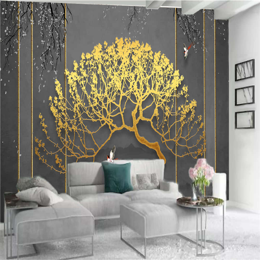 Golden_ Tree_ Mural_ Living_ Room_ Decor Wallpaper