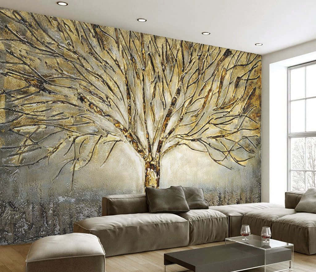 Golden Tree Mural Living Room Wall Art Wallpaper