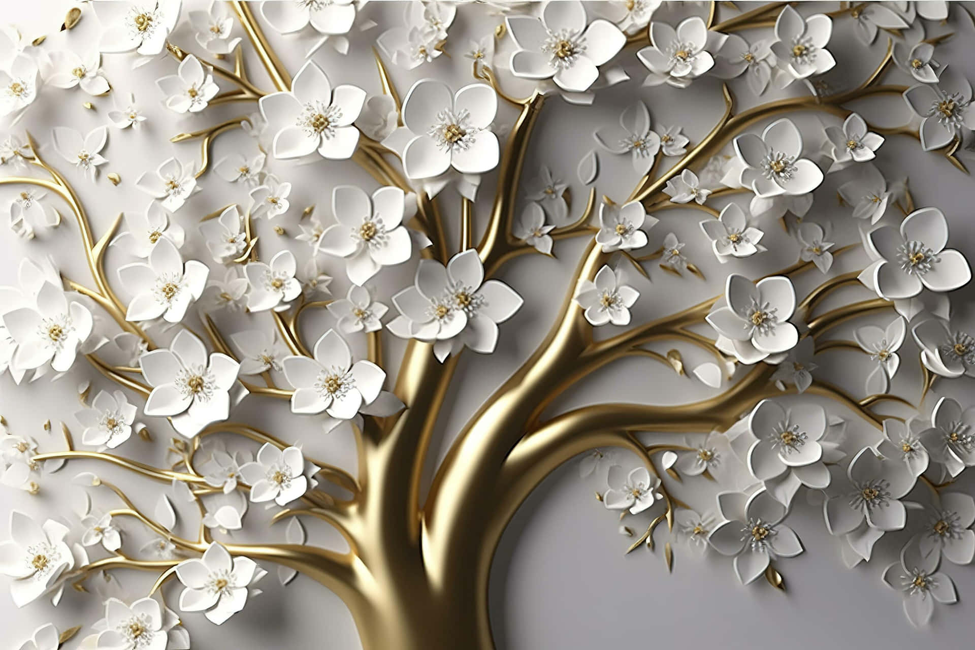 Golden Tree White Blossoms Artwork Wallpaper