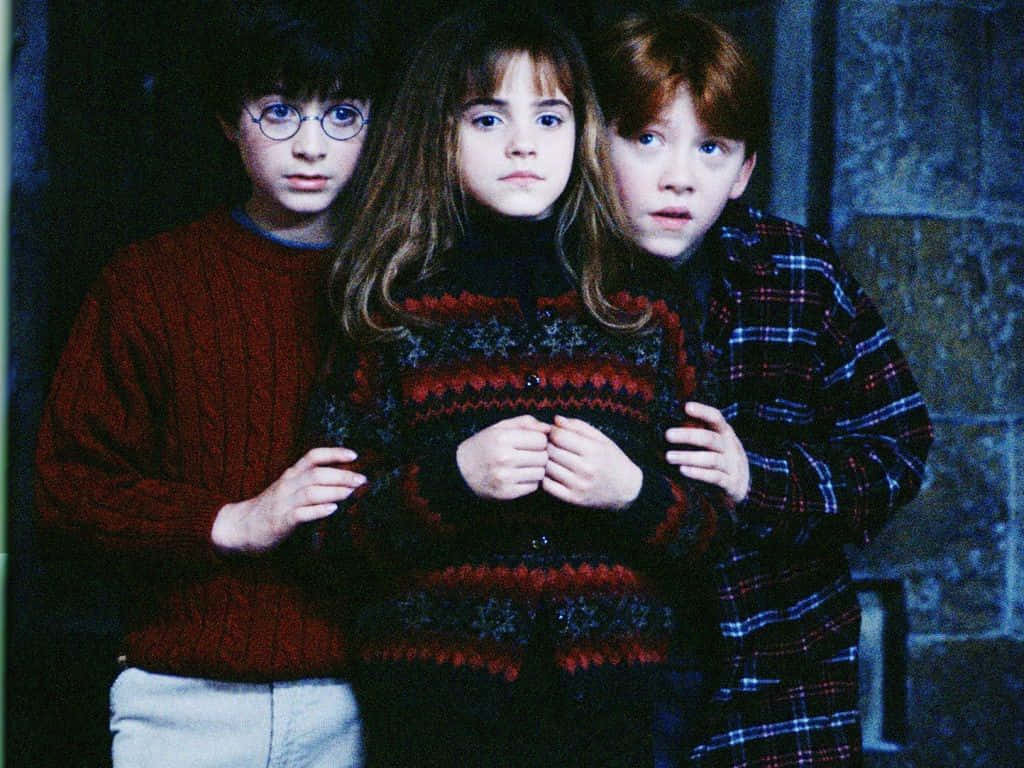 Harry Potter og Det Gyldne Trio svæver gennem Hogwarts med episk stil. Wallpaper