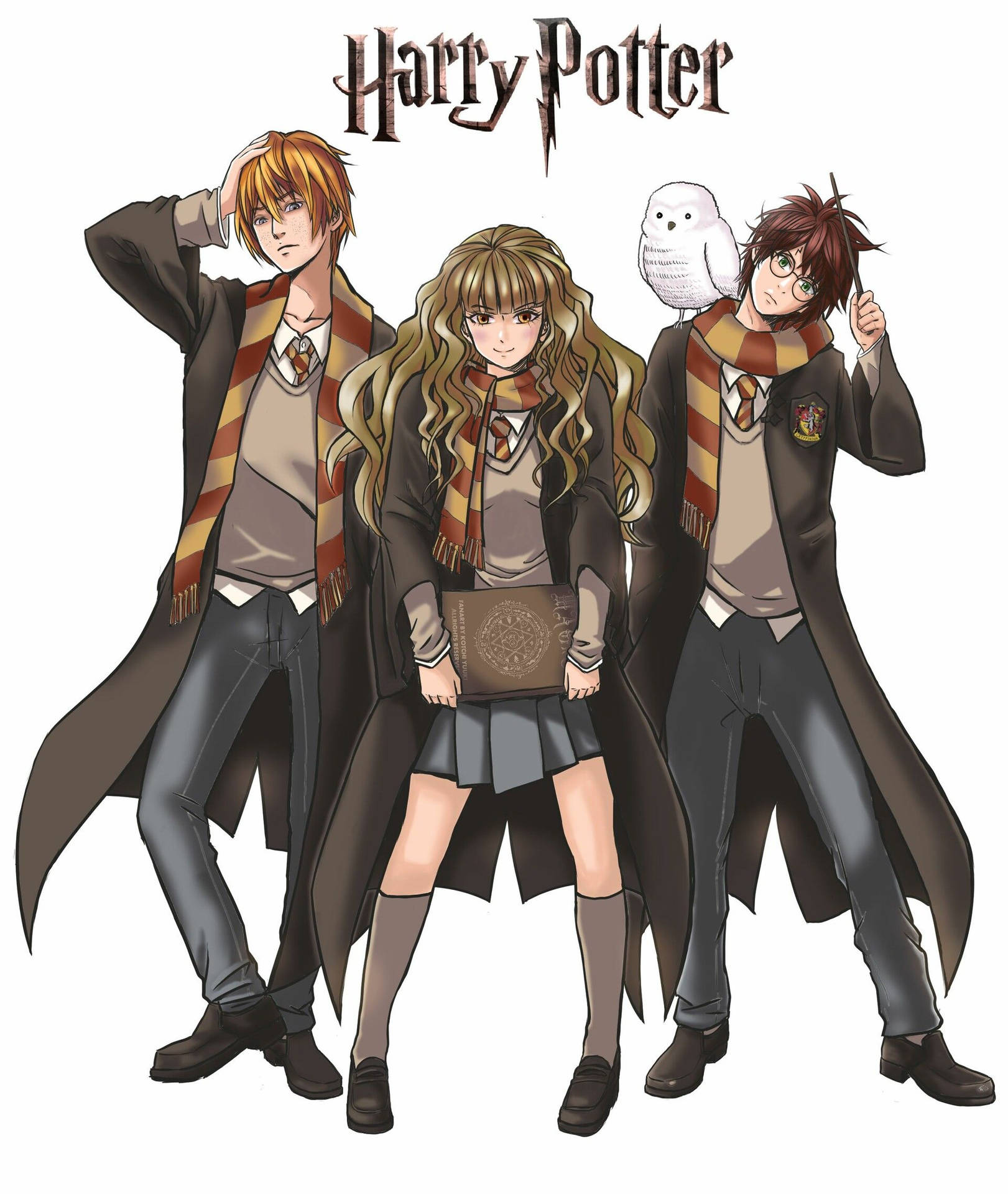 Guld Trio Harry Potter Anime Tapet Wallpaper