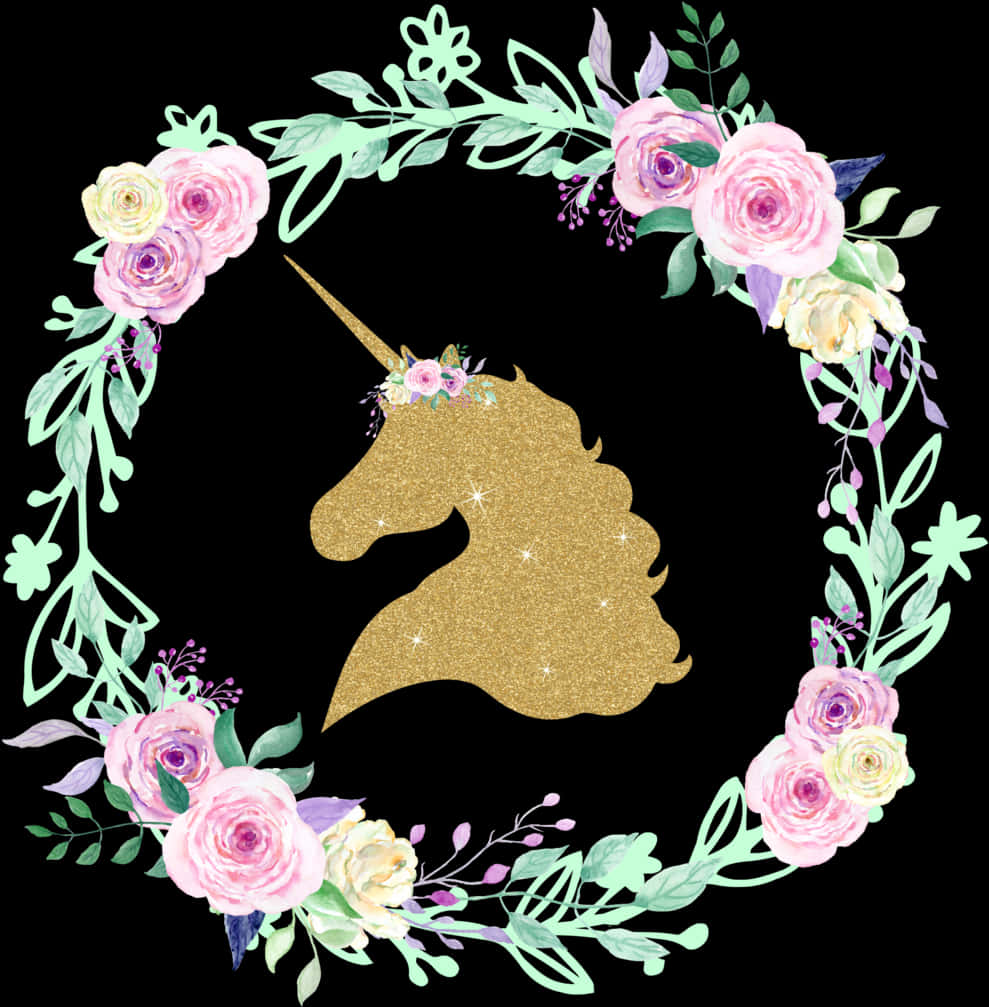 Golden Unicorn Silhouette Floral Wreath PNG
