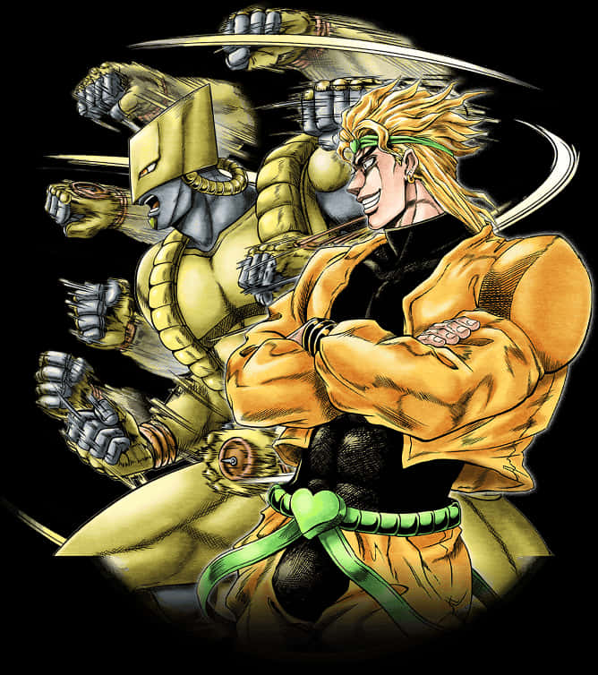 Golden_ Anime_ Character_and_ Mechanical_ Companion PNG