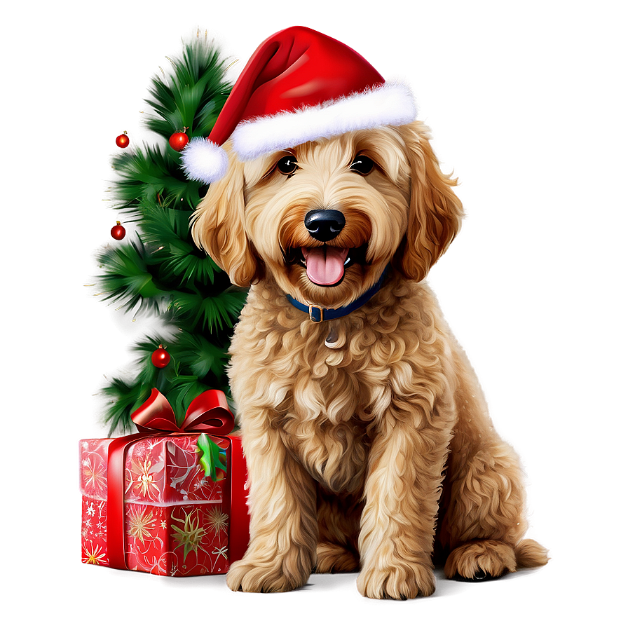 Goldendoodle With Christmas Tree Png Qav46 PNG