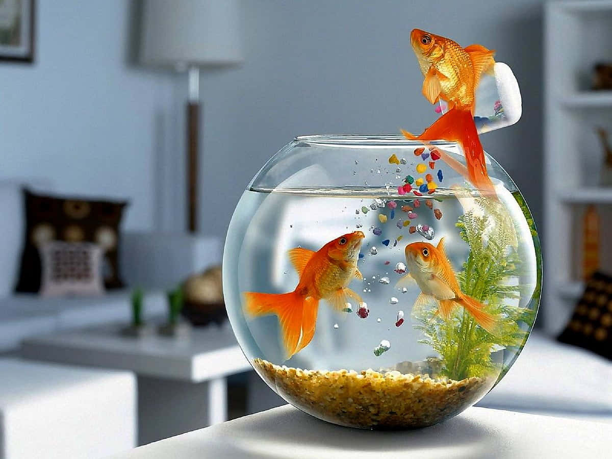 Goldfish In A Bowl With A Fish Food