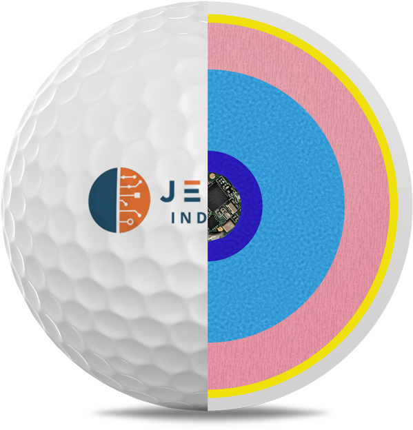 Golf Ball Half Electronics PNG — A golf ball split in half revealing a circuit board inside a colorful target design with JE IND branding.