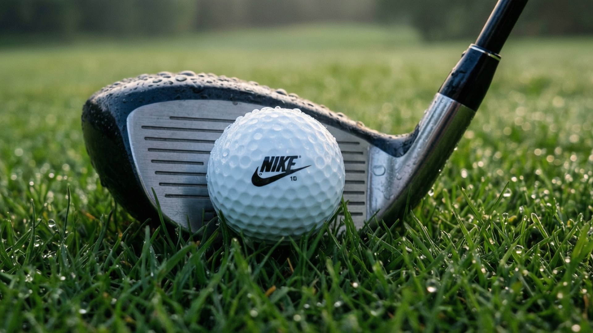 Club de golf et balle Nike sur herbe couverte de rosée à la lumière du matin