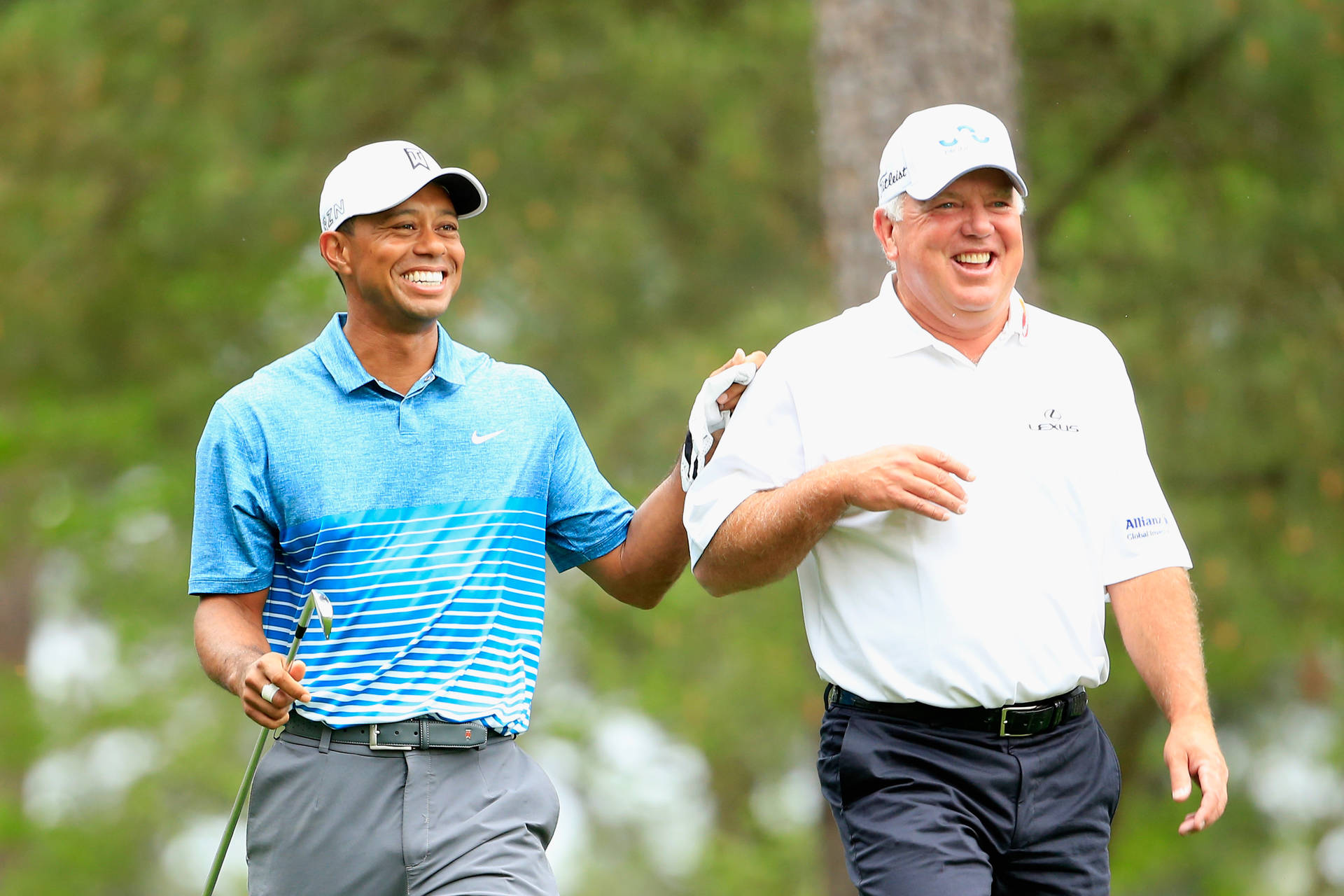 Golfspillere Mark O'Meara og Tiger Woods, der Poserer på Grønsen Wallpaper