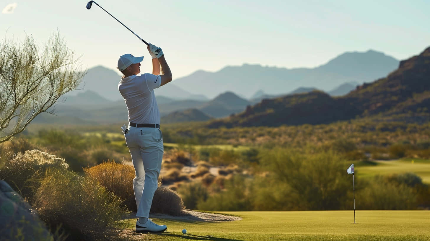Golfer Swinging Club Desert Course.jpg Wallpaper