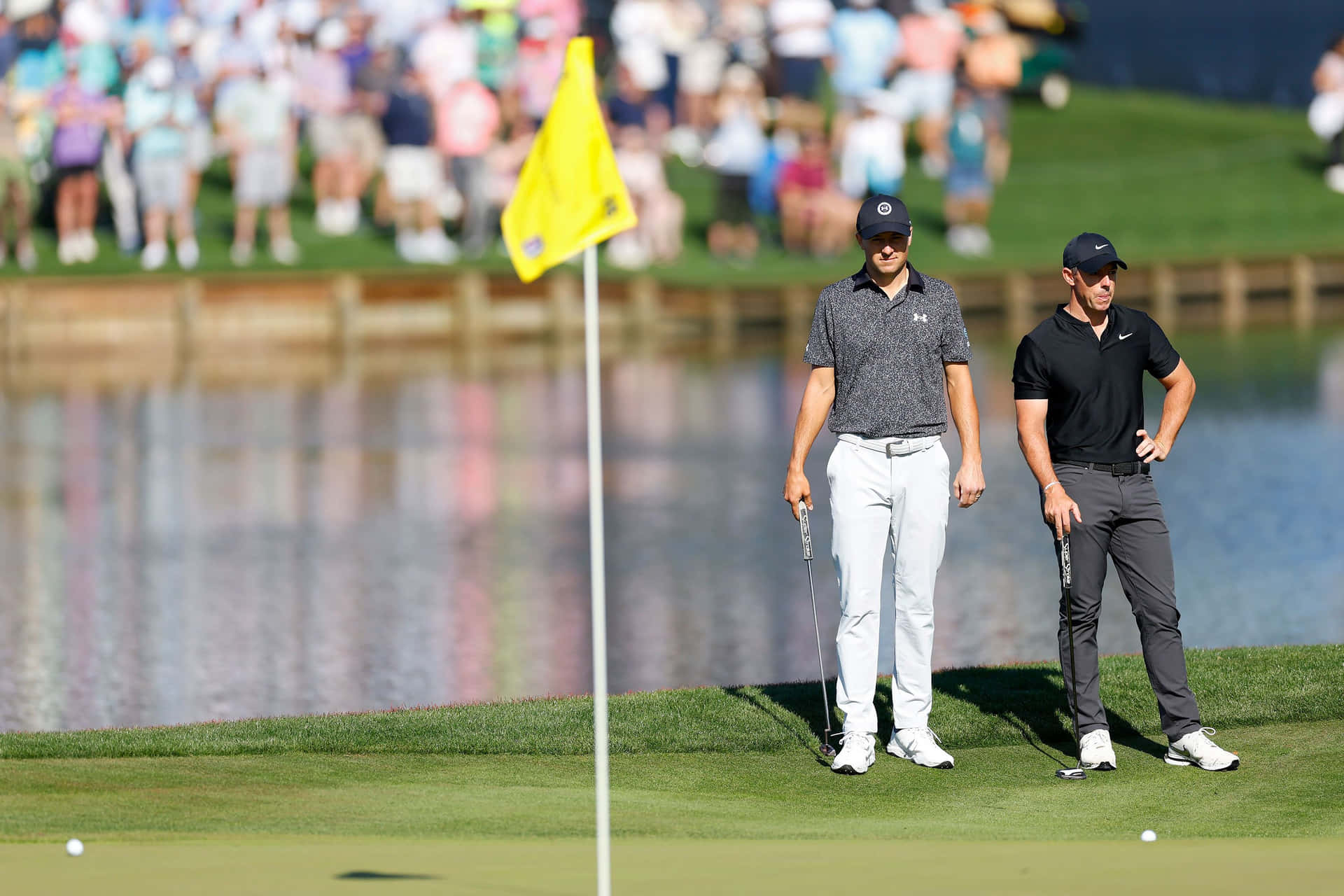 Golfere Ser På Ball Nær Dam Bakgrunnsbildet