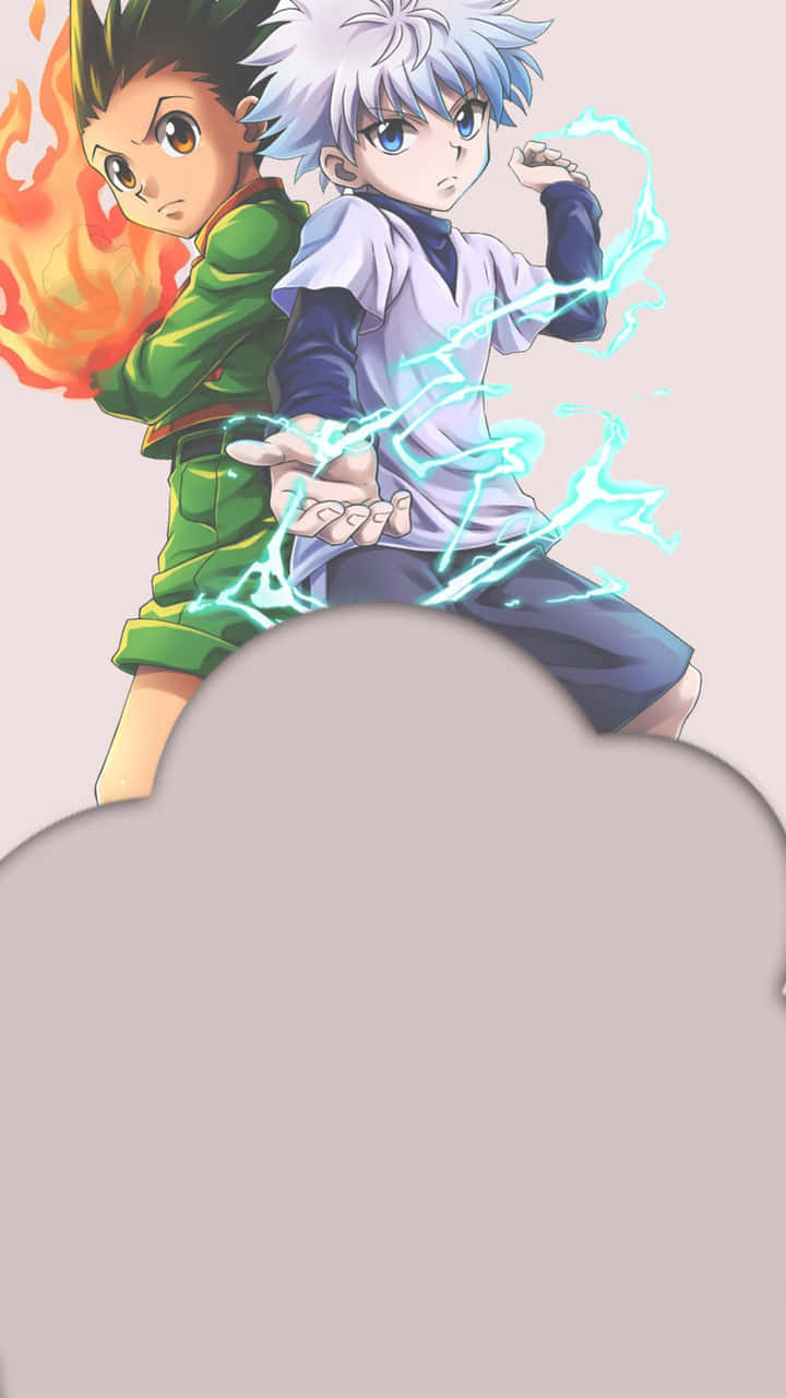 Best friends, Gon and Killua, playing the latest Battle Royale game on a phone Wallpaper