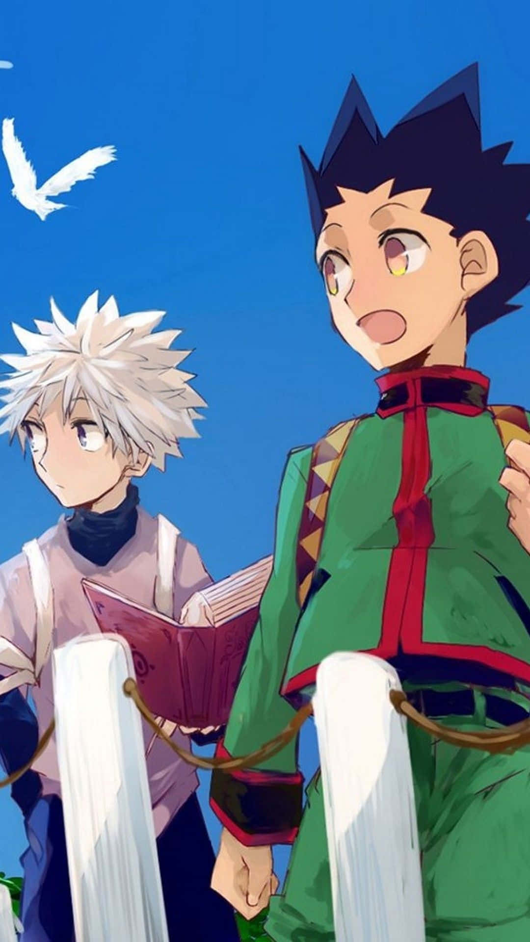 Image  Gon and Killua embracing each other against a background of colorful stars Wallpaper