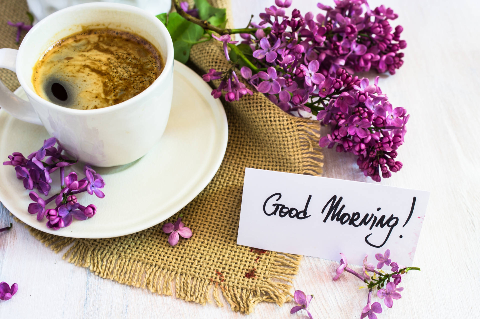 Good Morning Coffee Cup With Lilac Wallpaper