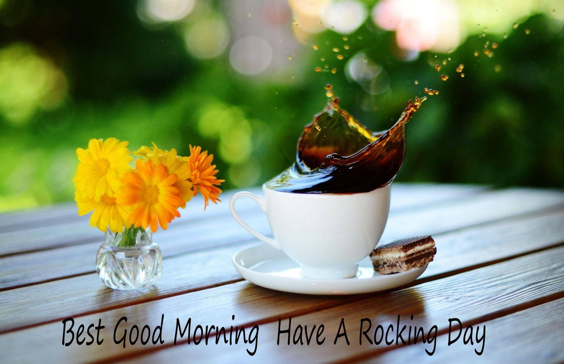 Gutenmorgen Hd Mit Blumen Und Kaffee Wallpaper