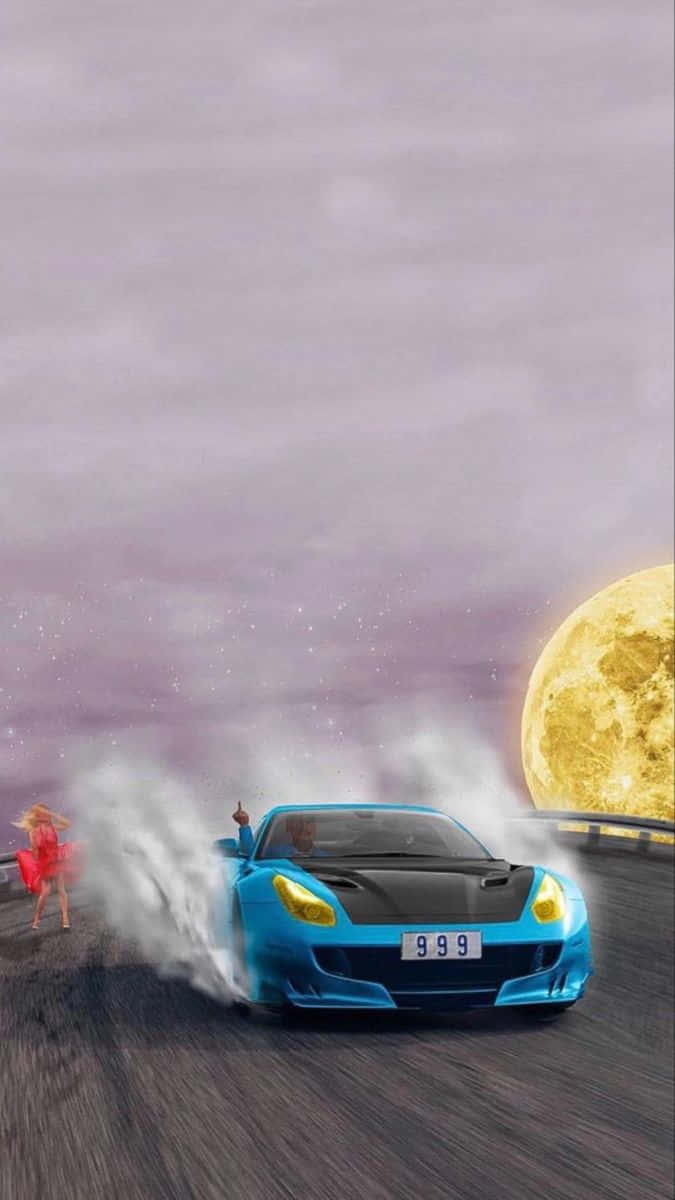 A Blue Car Driving On A Road With A Moon In The Background Wallpaper