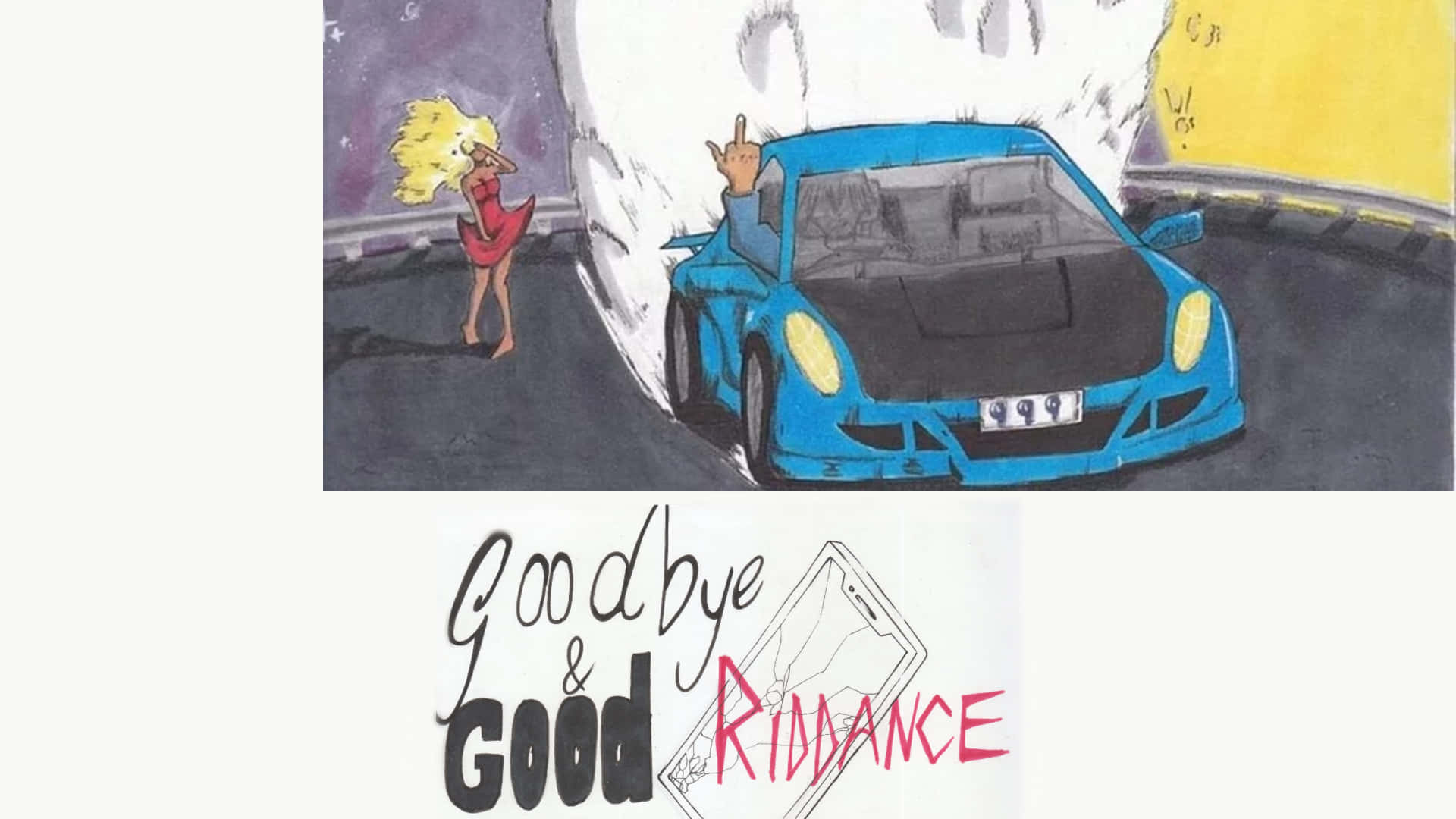 En tegning af en bil med ordene goo goo rin omkring det. Wallpaper
