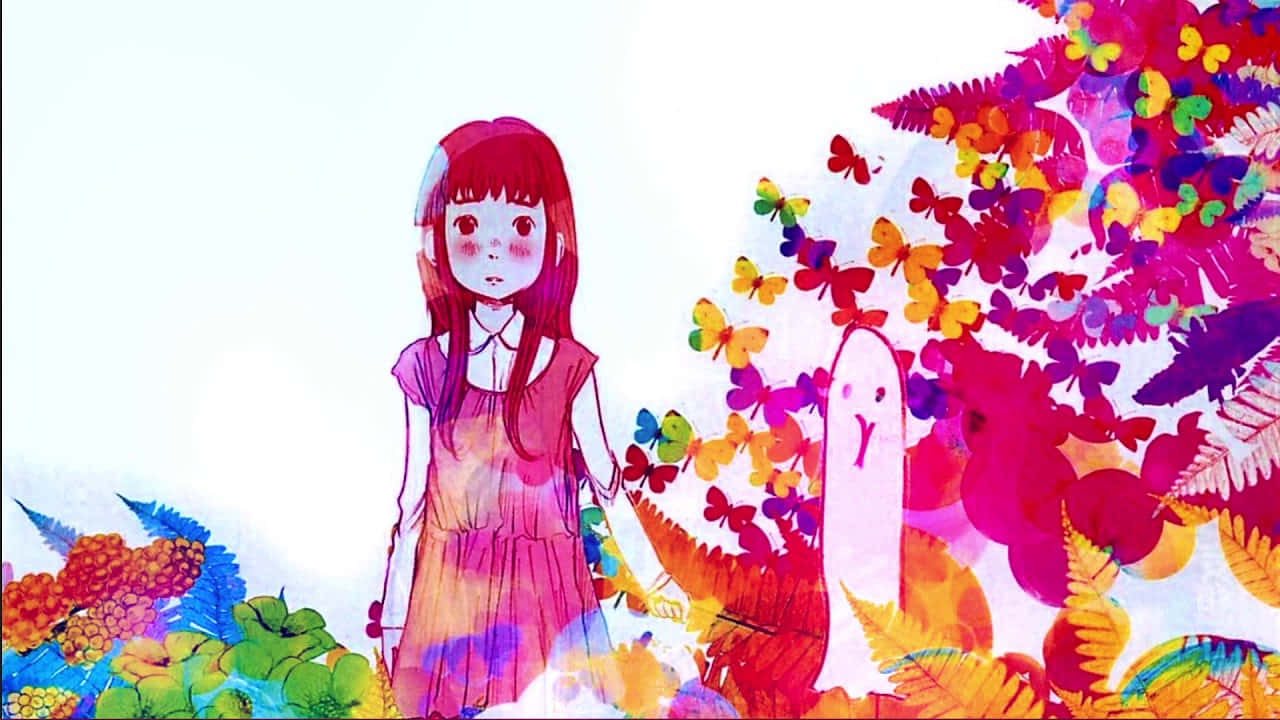 A Girl In A Colorful Dress Is Standing In A Field Of Flowers Wallpaper