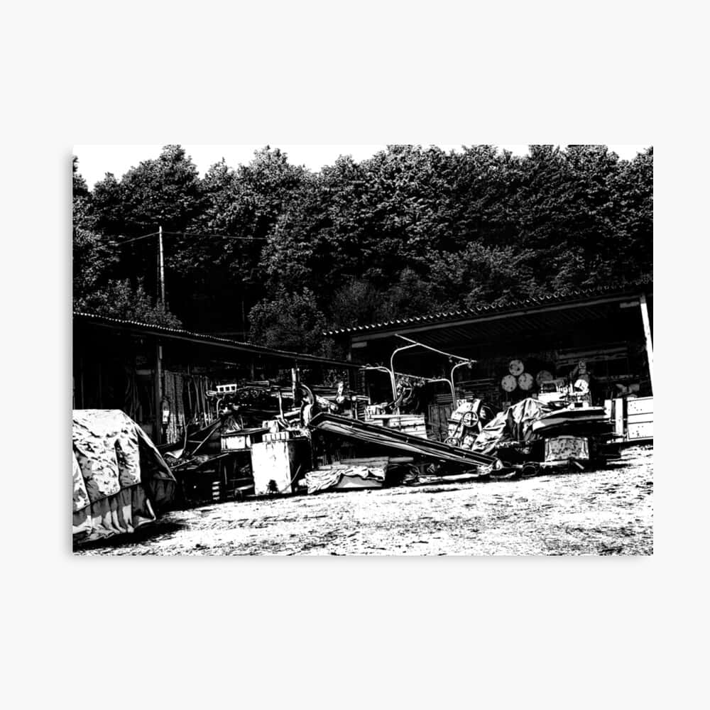 A Black And White Photo Of A Farm With A Tractor Wallpaper