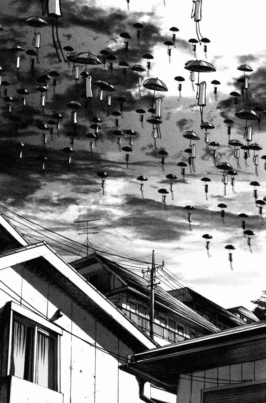 Et sort-hvidt billede af en by med mange flyvende objekter i himlen Wallpaper