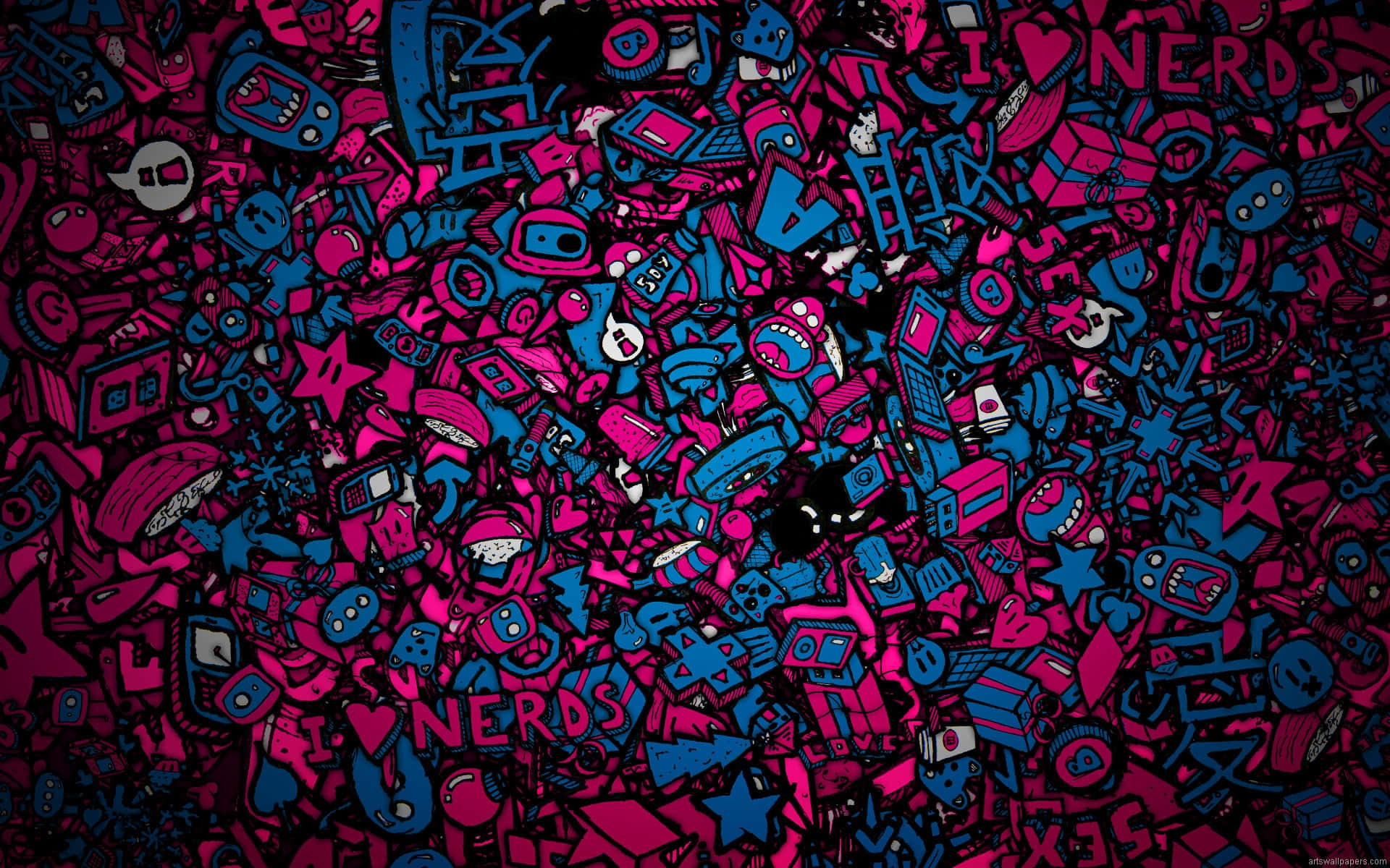 En lyserød og blå doodlet baggrund med mange forskellige symboler Wallpaper