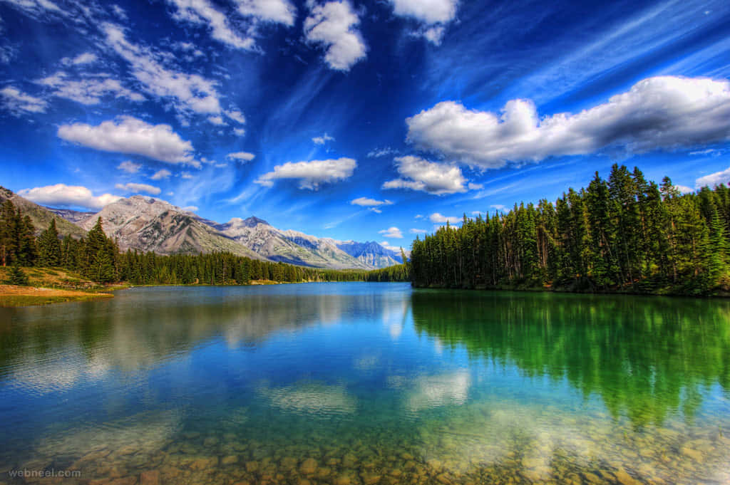 A Lake With Trees And Clouds In The Background Wallpaper