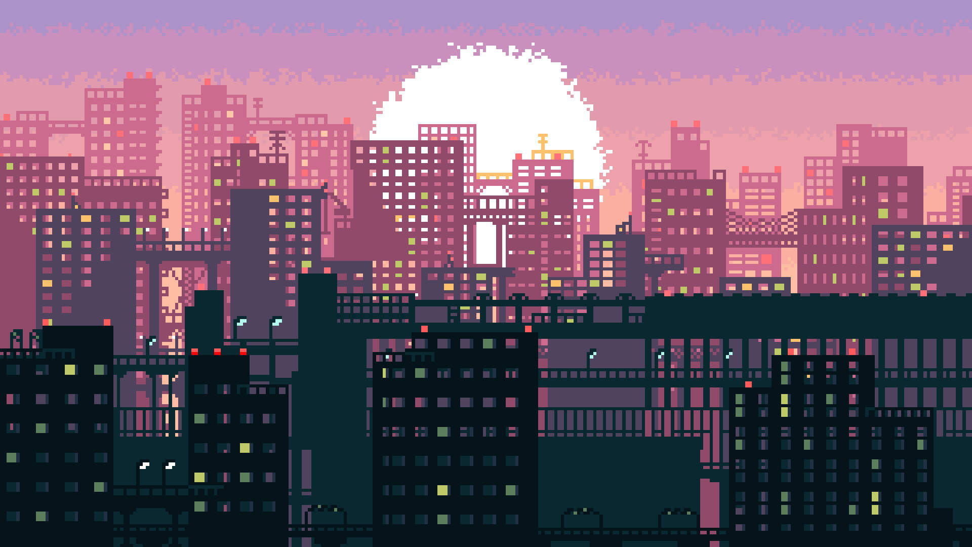 A Cityscape With Buildings And A Sunset Wallpaper