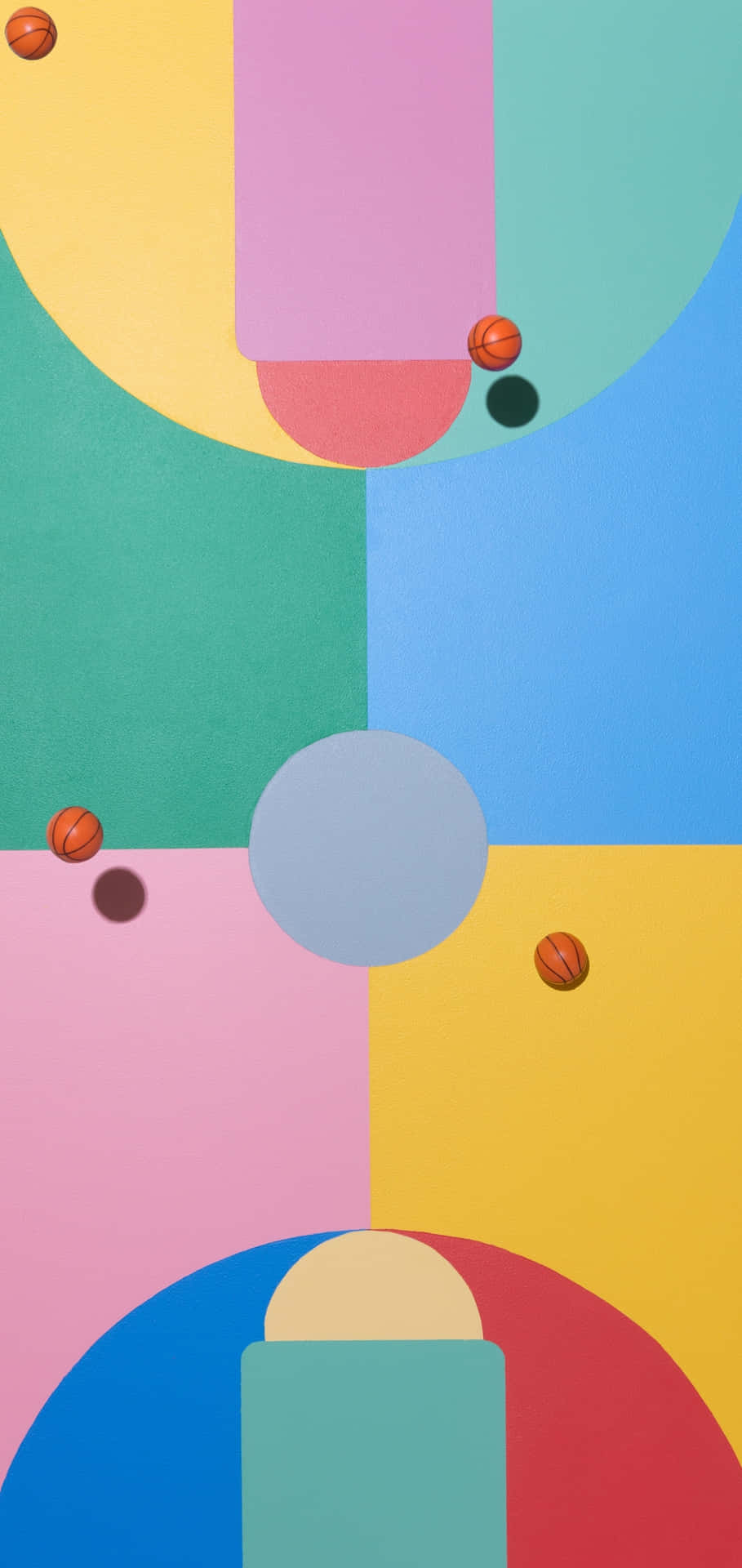 A Colorful Painting With A Basketball Court And Balls Wallpaper