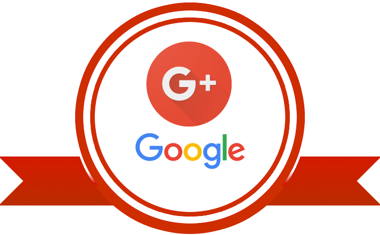 Google Plus Logo PNG — A red circular seal with a G+ logo and Google text below a red ribbon banner.