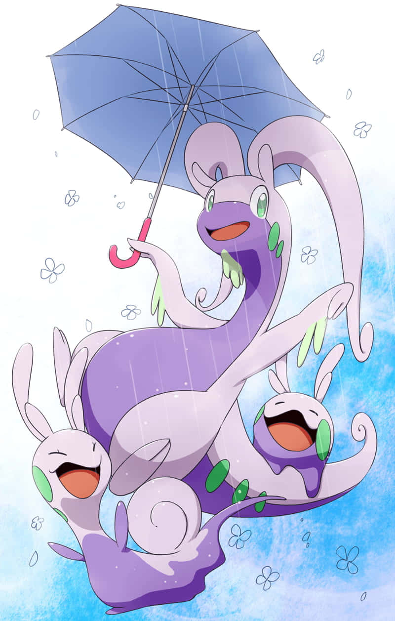 Goomy, Sliggoo, and Goodra enjoy an umbrella outing together. Wallpaper