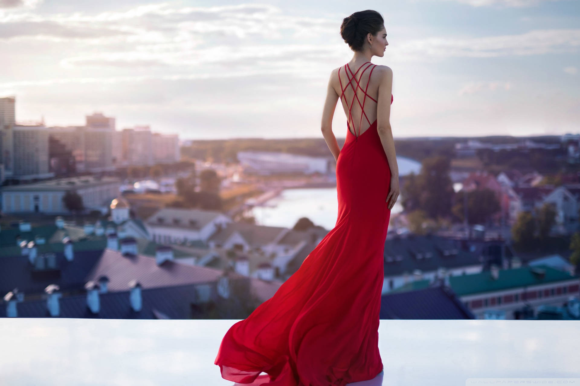 Gorgeous Red Gown Fashion Model Wallpaper