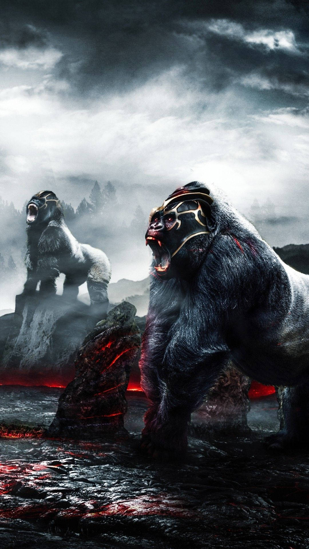 Artede Gorilas En Un Volcán. Fondo de pantalla
