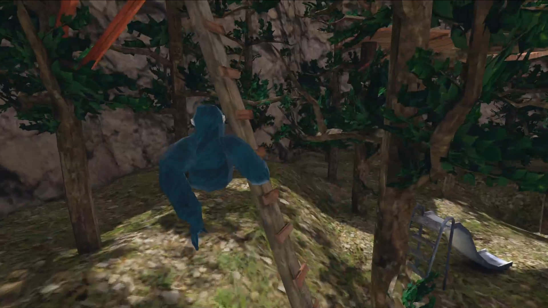 En blå abe klatrer op et træ i et videospil-landskab. Wallpaper