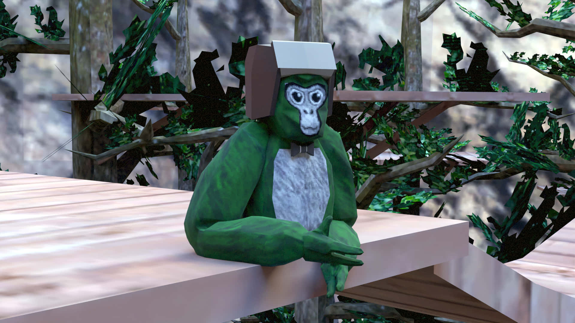 Etiquetade Gorila Verde Con Casco De Metal Fondo de pantalla
