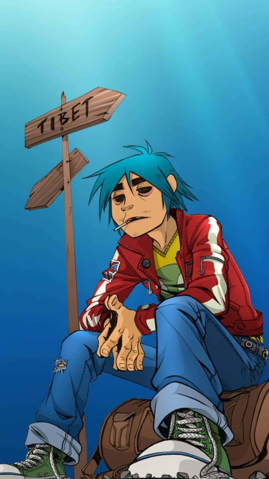 a cartoon character sitting on a rock with a sign