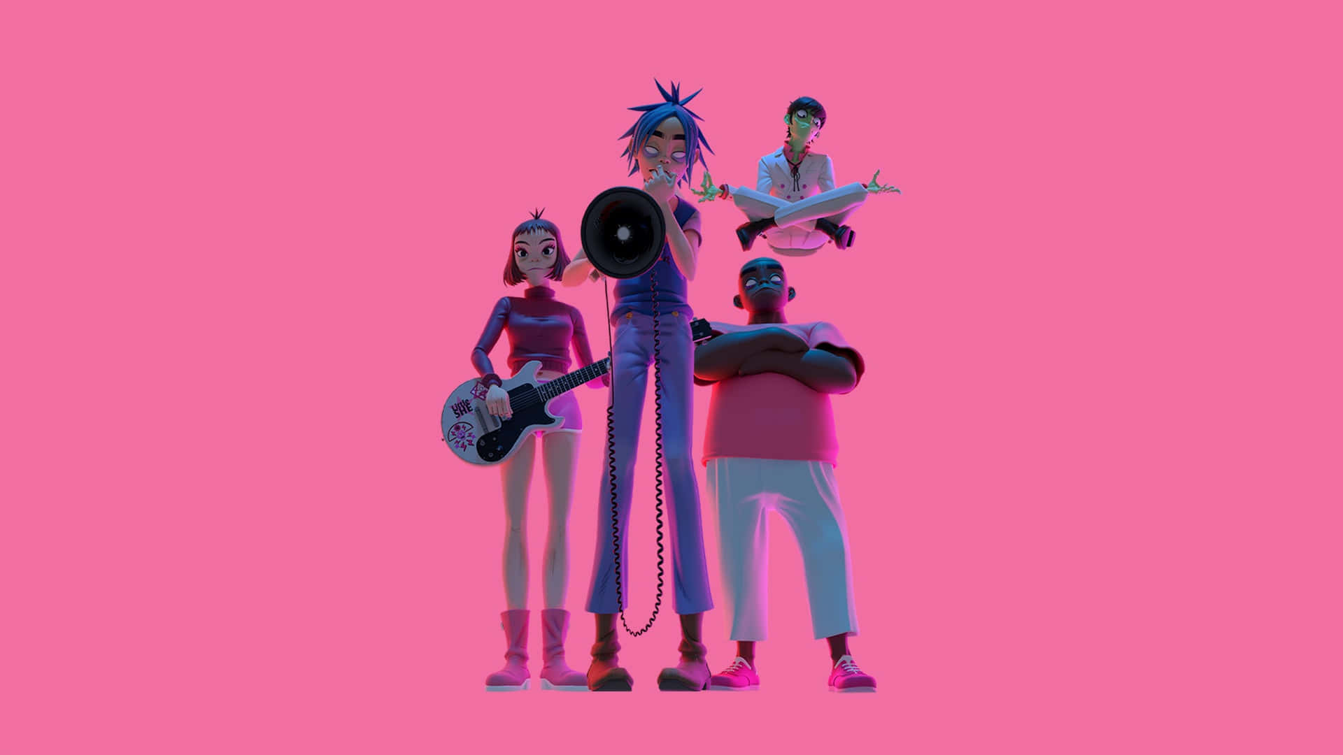 A Group Of People Standing On A Pink Background