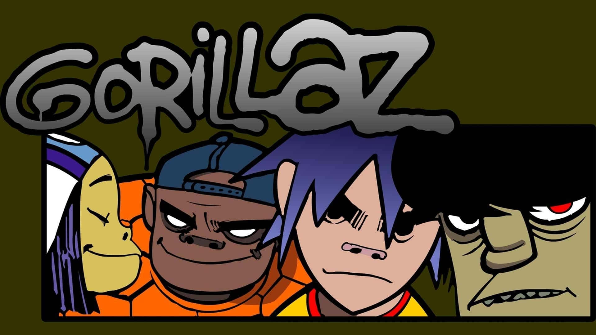 Gorillaz's virtuelle bandmedlemmer - 2D, Murdoc, Noodle og Russel - som illustreret i HD 4K herlighed. Wallpaper