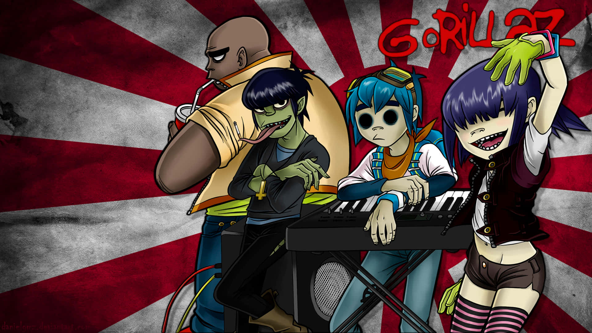 From left to right: Murdoc Niccals, 2D, Noodle and Russel from Gorillaz Wallpaper