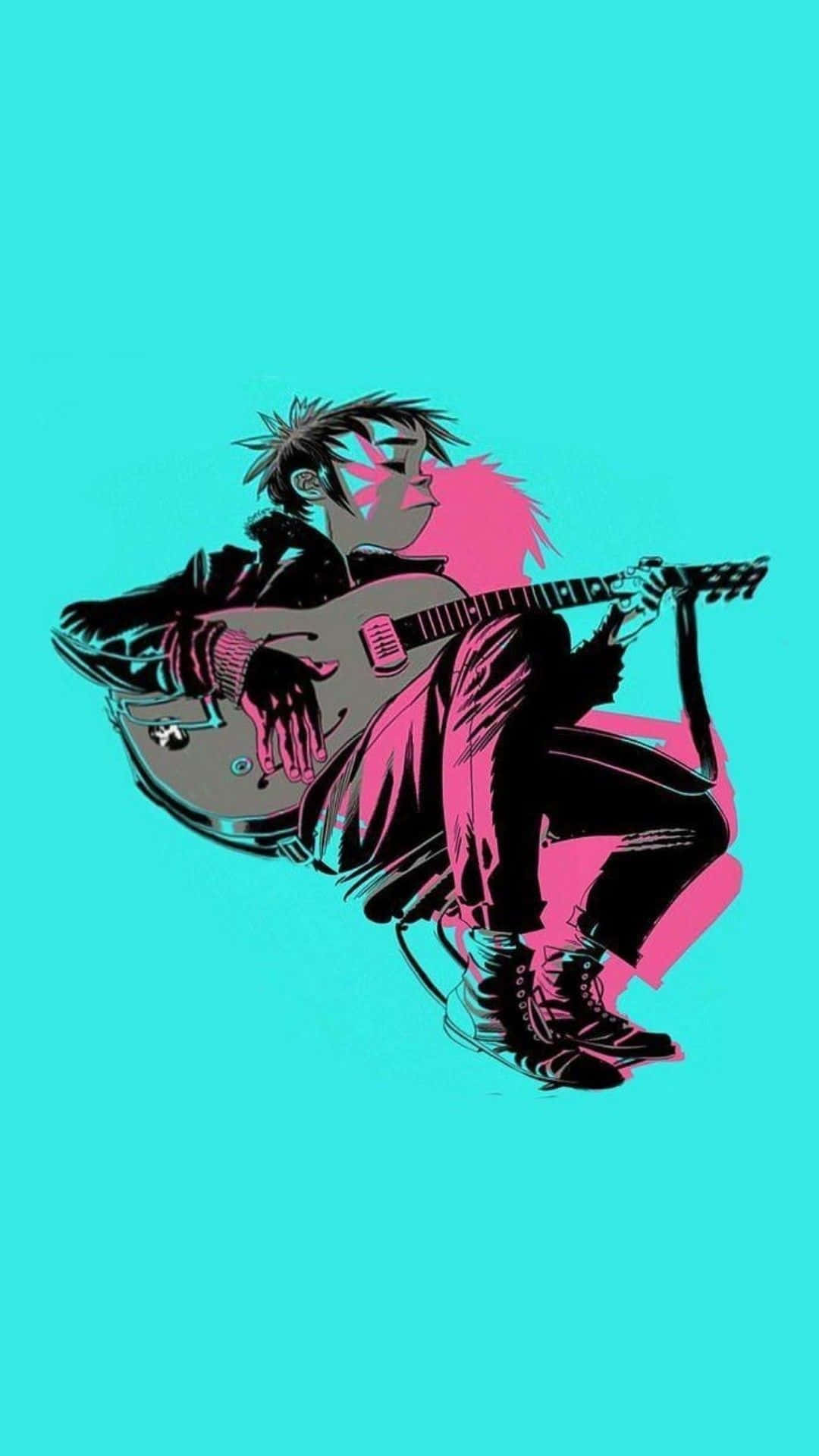Gorillaz Iphone 2-D Spiller Guitar Blå og Pink Wallpaper Wallpaper