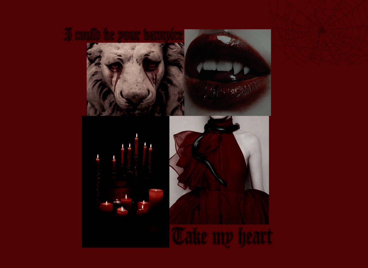 En rød og sort kollage med en vampyr og en kandle Wallpaper