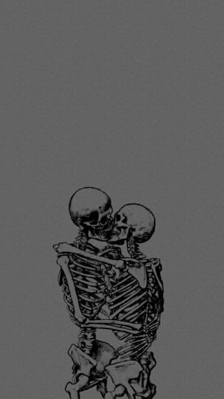Et sort-hvidt tegning af en skelet siddende på en bænk. Wallpaper