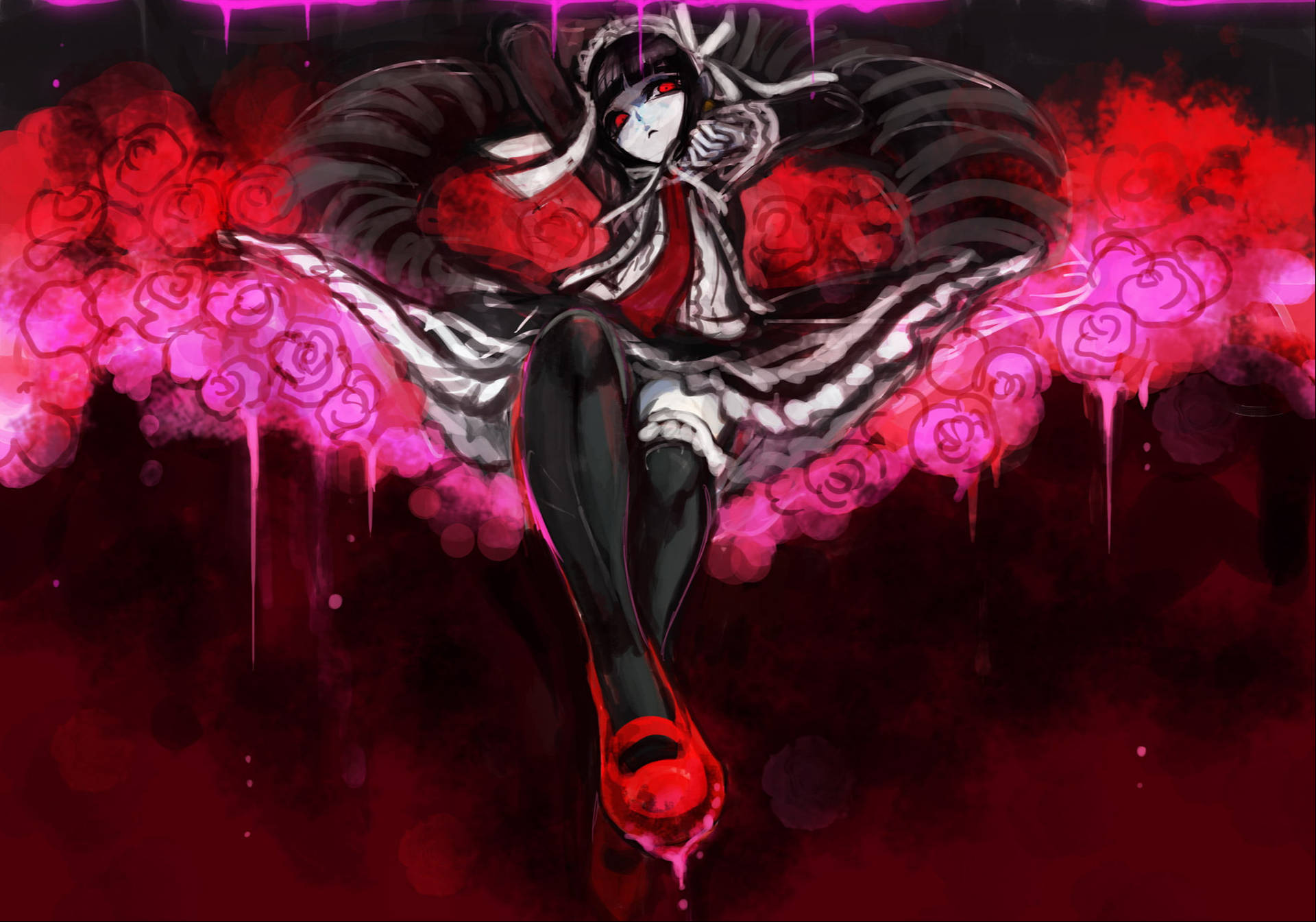 Goth Anime Girl In Roses Wallpaper