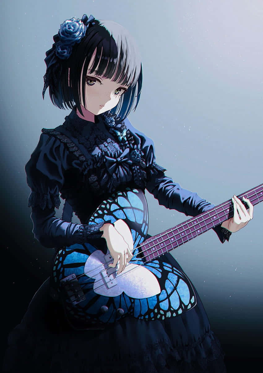 a anime maid girl holding a electric guitar