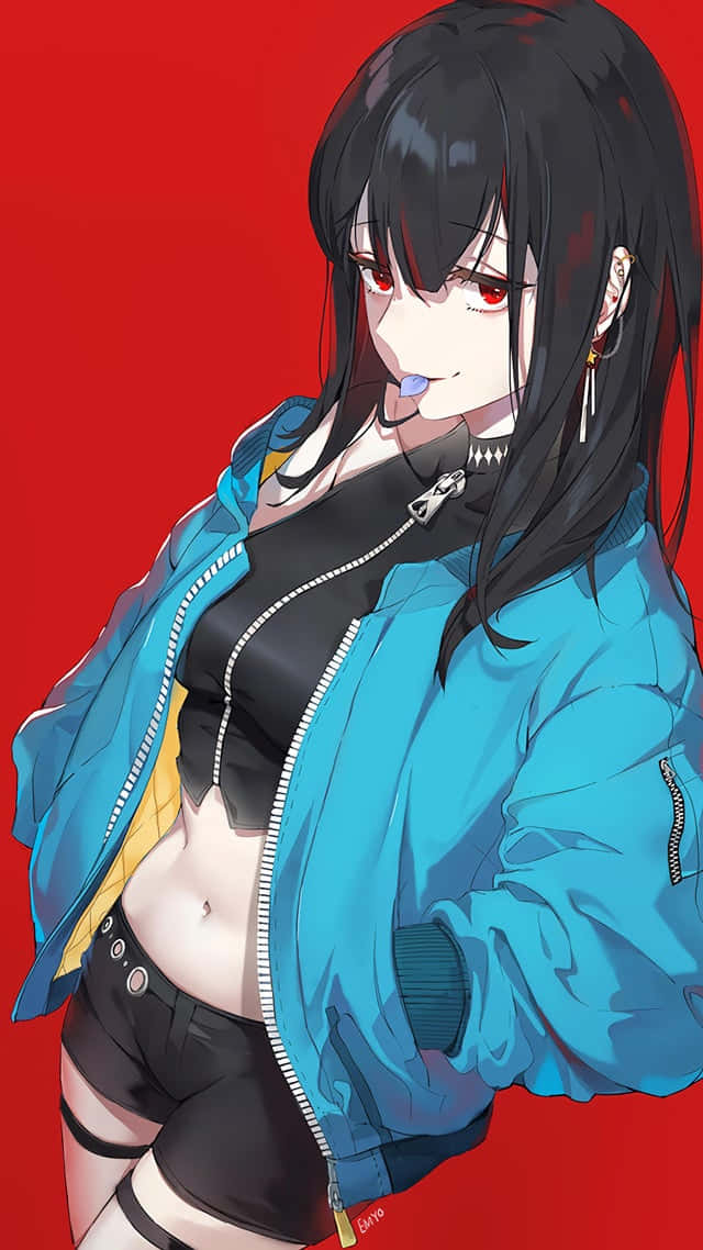 Goth Anime Girl Wearing Blue Jacket Wallpaper
