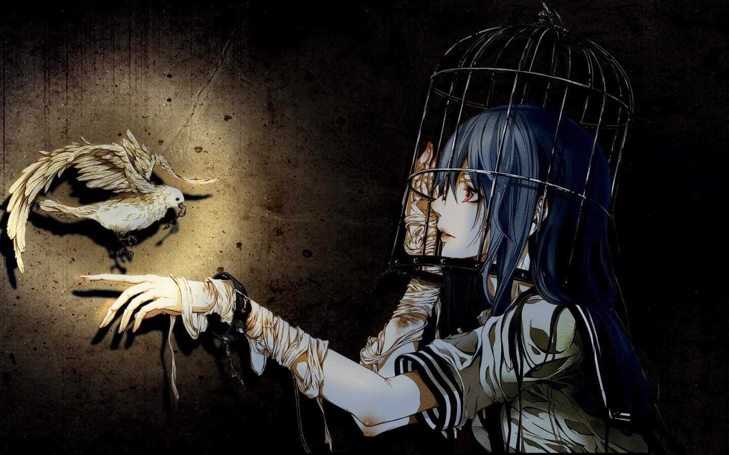 Goth Anime Girl With Cage On Her Head Wallpaper