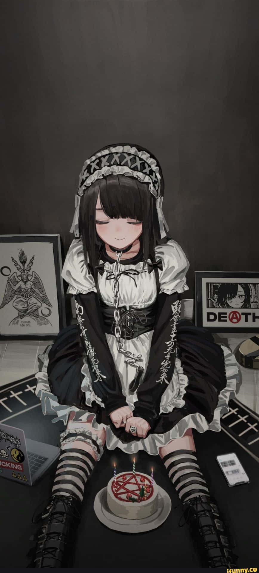 Goth Anime Maid In Front Of Pentagram Cake Wallpaper