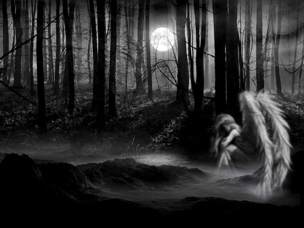 A Black And White Photo Of An Angel In The Woods