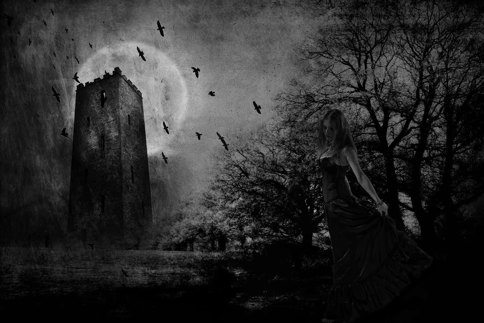 Einefrau In Einem Schwarzen Kleid Steht Vor Einem Schloss.