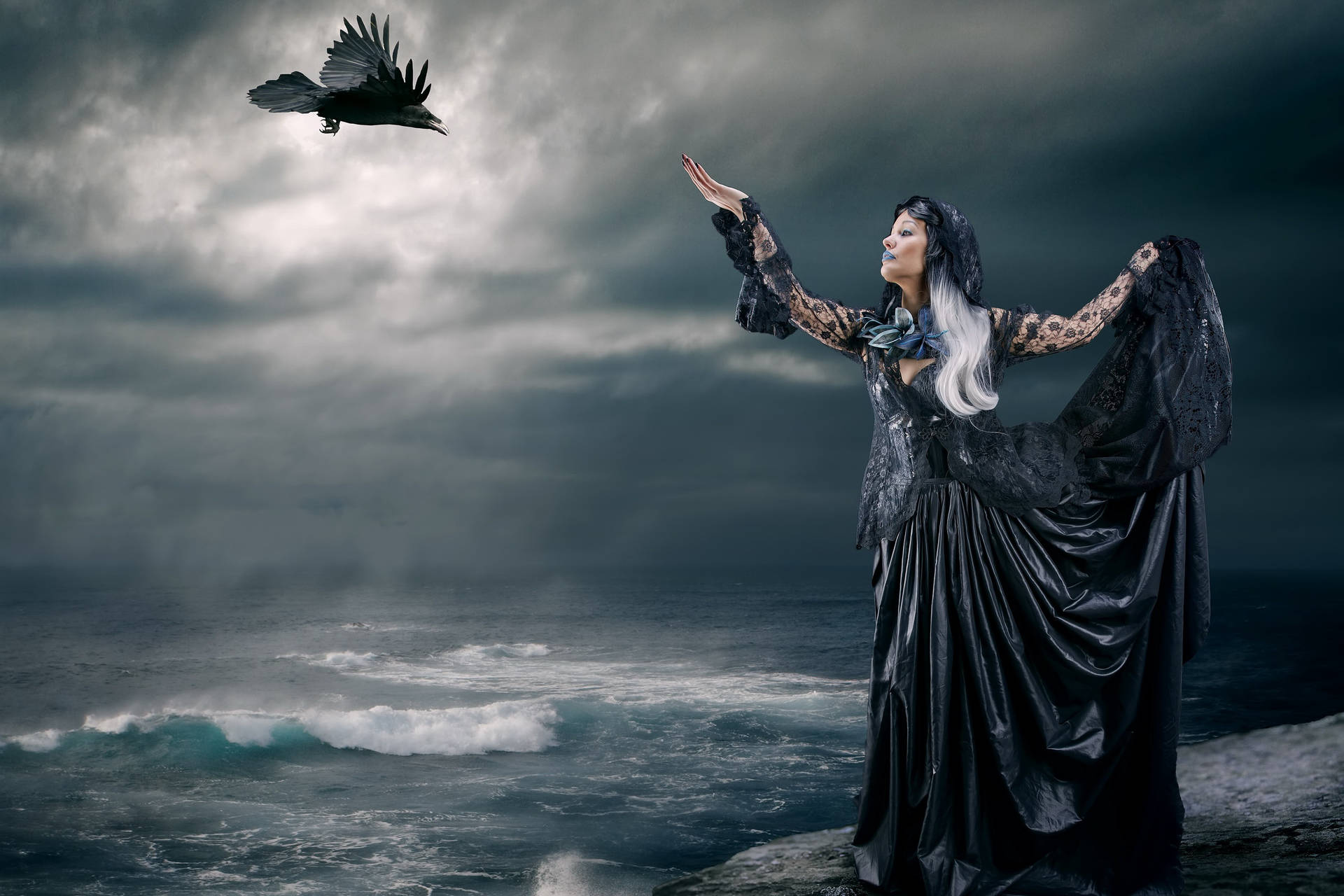 Goth Woman With A Crow Wallpaper