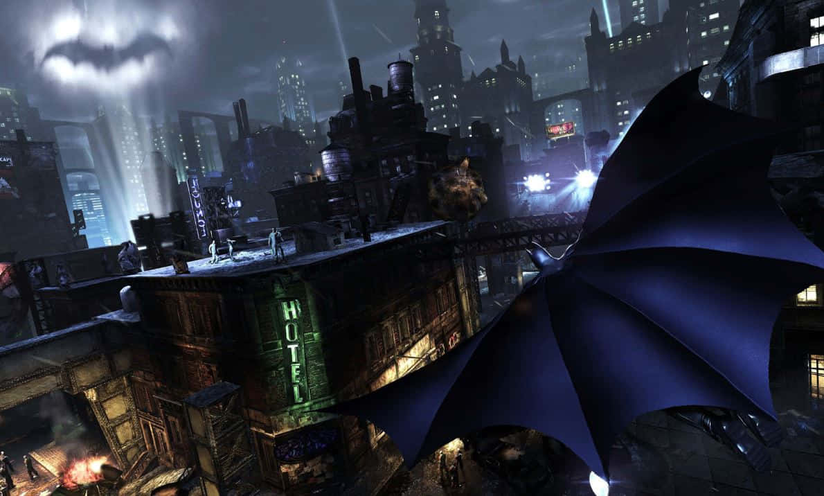 Dark and mysterious Gotham City skyline at night