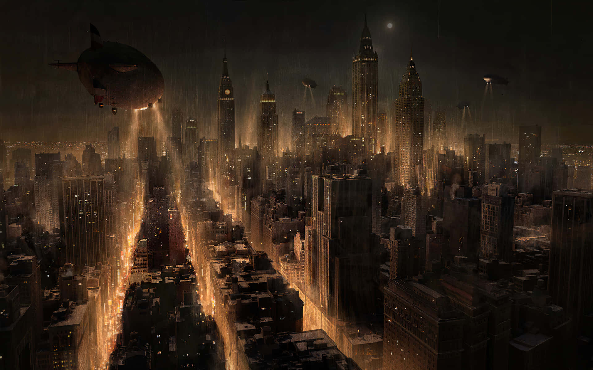 A panoramic view of Gotham City's skyline at night